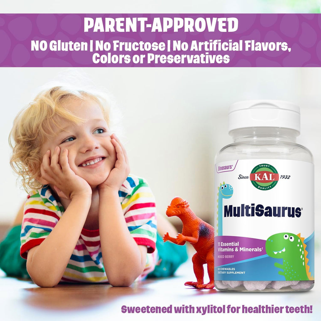 KAL MultiSaurus Multivitamínico Infantil Masticable, 11 Vitaminas y Minerales, Sabor Bayas, 60 Comprimidos
