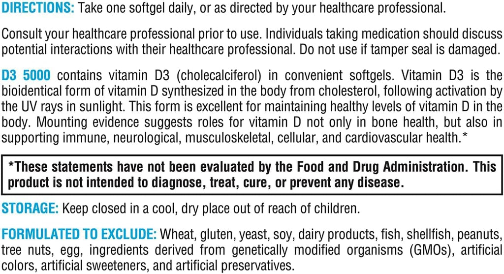 XYMOGEN D3 5000 - Vitamina D3 5000 UI (125 mcg) - Suplemento de alta potencia para el apoyo inmunitario, óseo y muscular - 60 Cápsulas Blandas