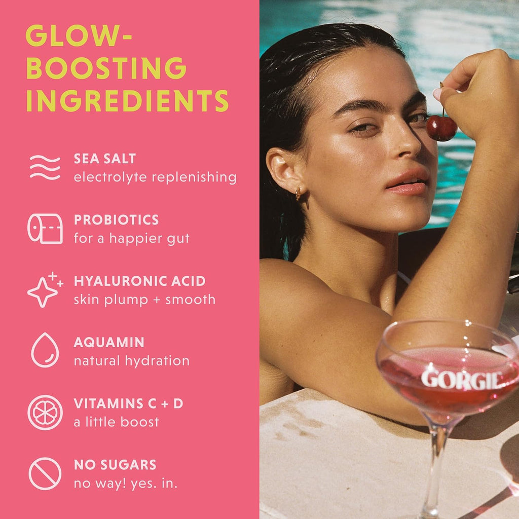 GORGIE Glow Hydration Packets, Sobres de Electrolitos sin Azúcar, Ácido Hialurónico, Probióticos, Aquamin, Vitaminas C y D, Sin Cafeína - Pack Variado 15 Sticks