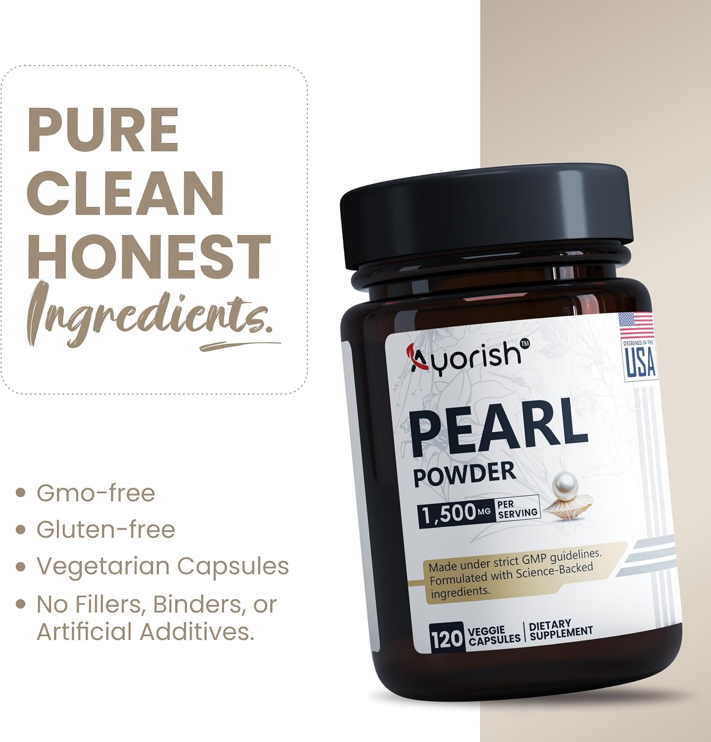 Ayorish Pearl Powder Capsules 1500mg | Polvo de Perla Orgánico Puro | 120 Cápsulas Veganas