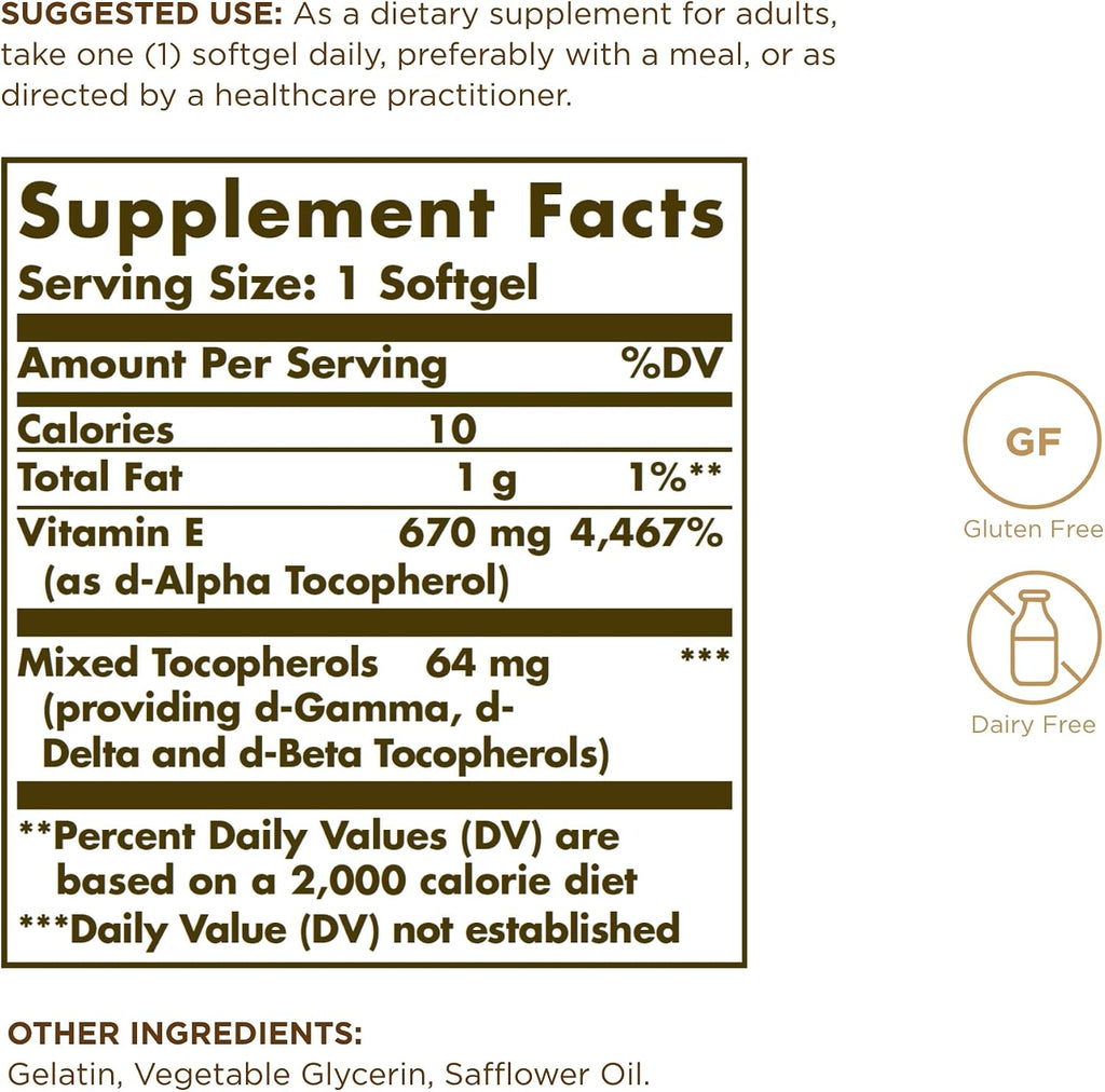 Solgar Vitamina E 670 mg (1000 UI) - 100 Cápsulas Blandas, Pack de 2 - Origen Natural - Sin Gluten, Sin Lácteos - 200 Dosis