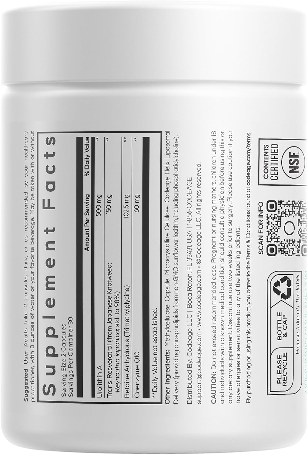 Codeage Liposomal Urolithin A 500mg con Resveratrol, Betaina y CoQ10 - 60 Cápsulas