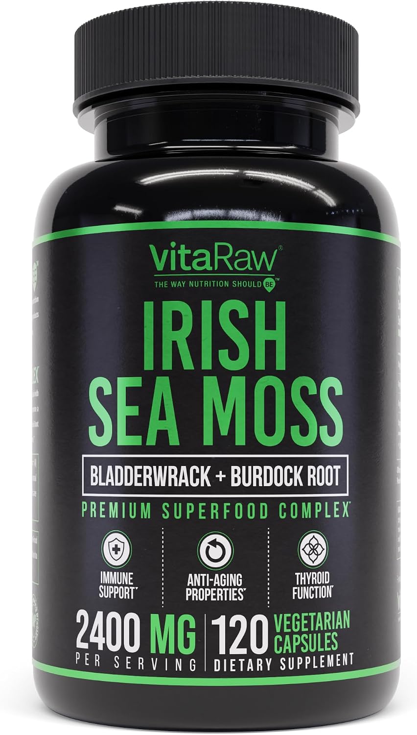 VitaRaw Cápsulas Orgánicas de Irish Sea Moss 2400 mg - con Raíz de Bardana y Fucus Vesiculosus - Suplemento Herbal Avanzado