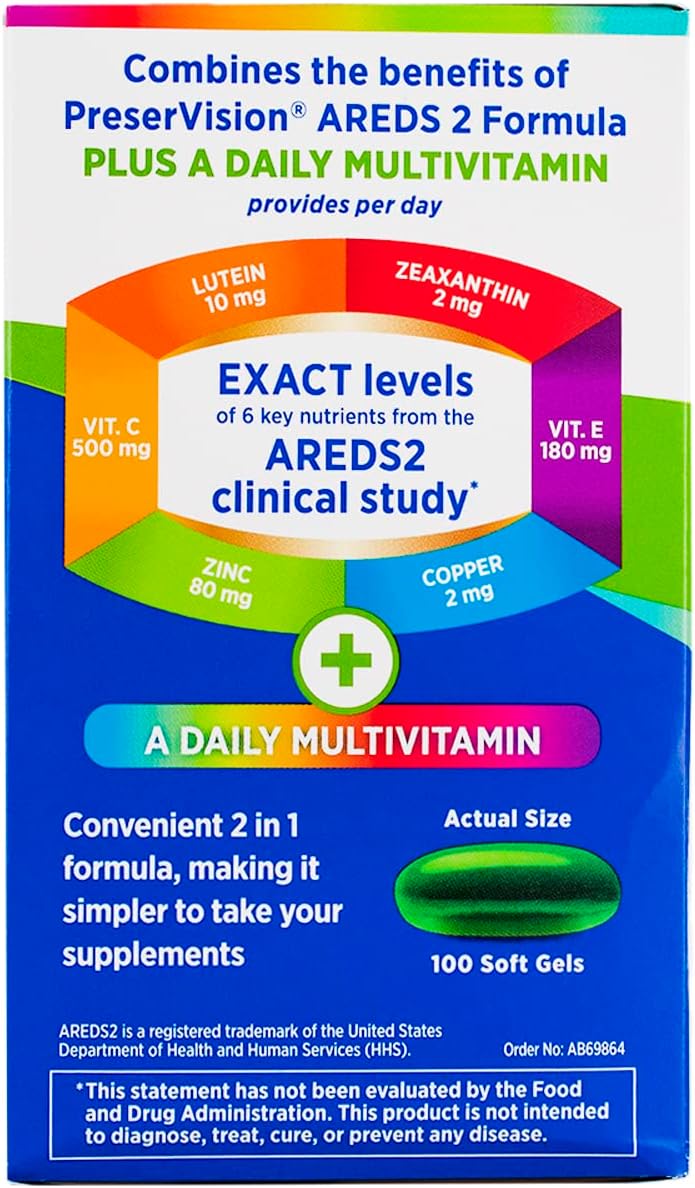Bausch + Lomb PreserVision Suplemento Vitamínico Mineral para Ojos, 100 Cápsulas Blandas (Paquete de 2)