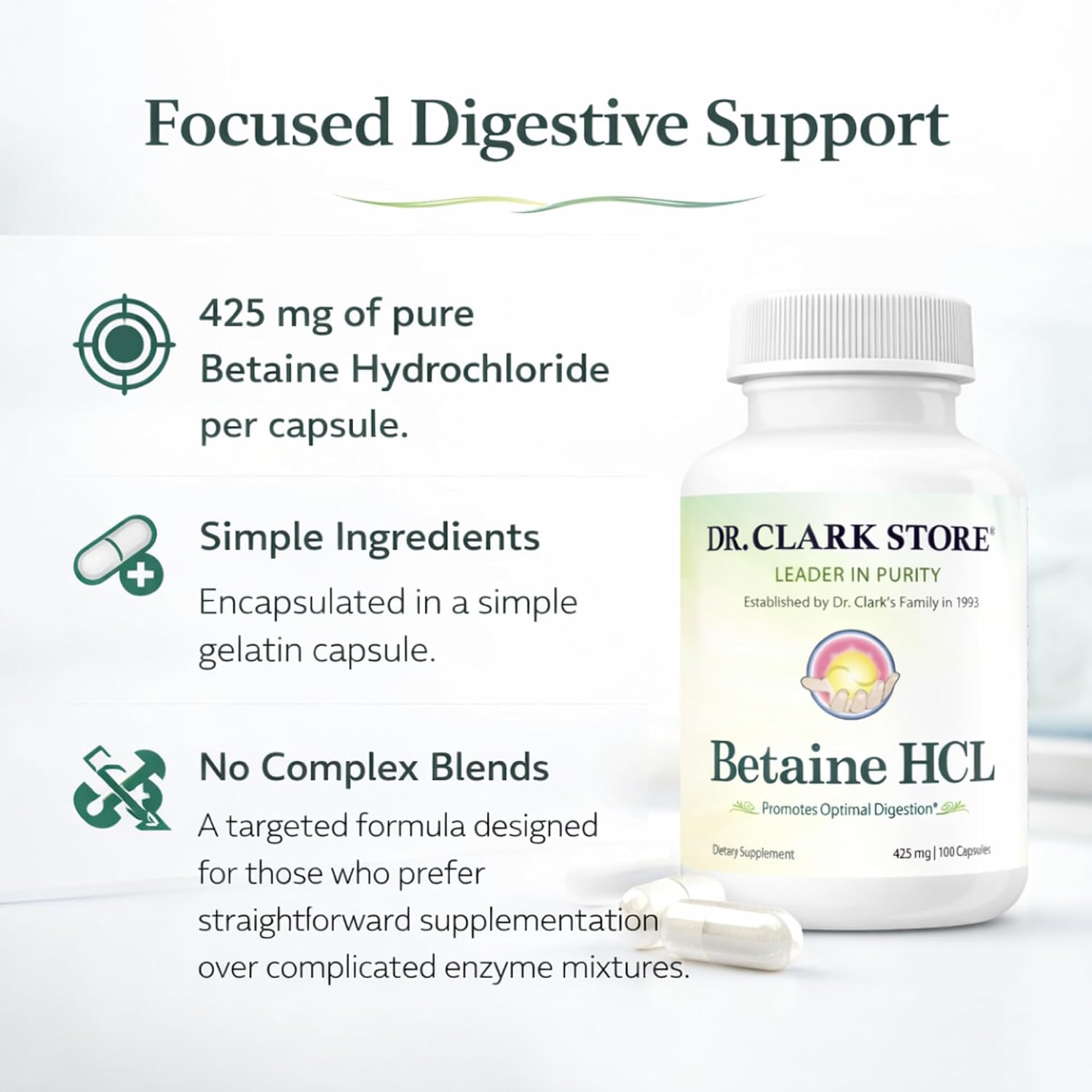 Dr. Clark Betaine HCL Digestive Enzymes - 100 Cápsulas de Gelatina, 425 mg