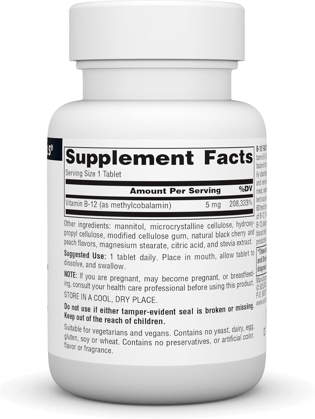 Source Naturals Vitamina B-12 5 mg - 60 Comprimidos de Fusión Rápida - Fórmula Vegana