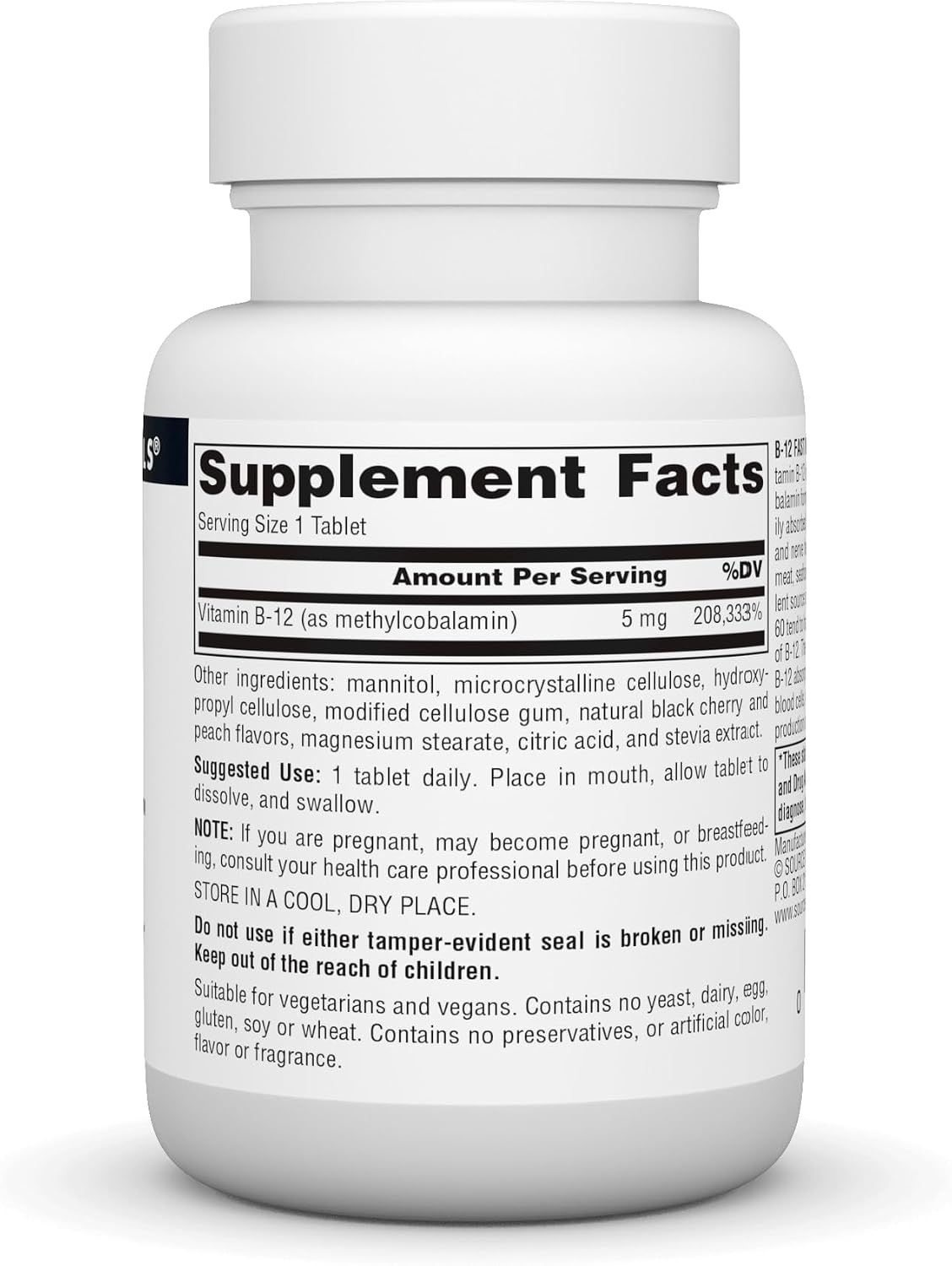 Source Naturals Vitamina B-12 5 mg - 60 Comprimidos de Fusión Rápida - Fórmula Vegana