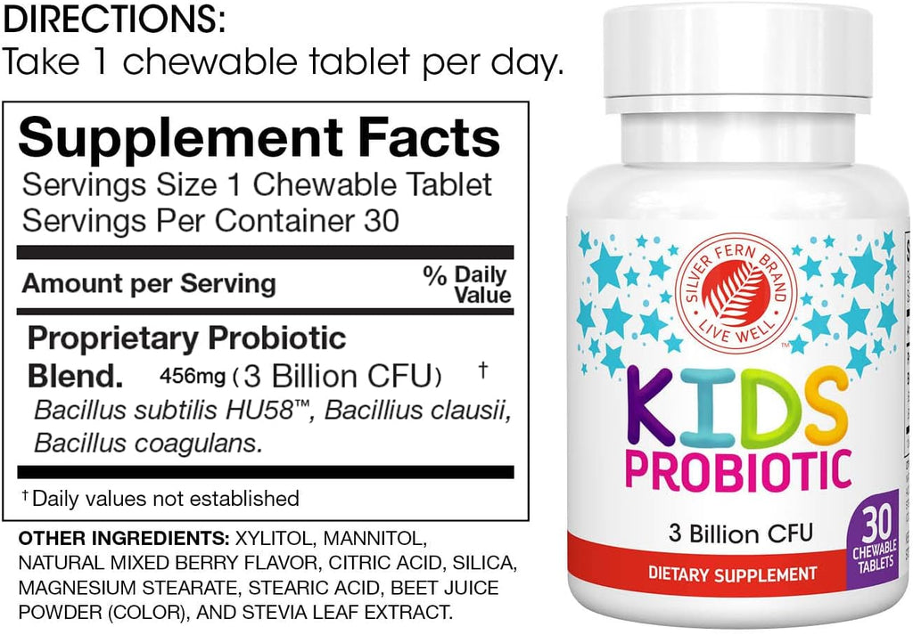 Silver Fern Brand Kids Ultimate Probiotic - 2 Botellas - 30 Comprimidos Masticables C/U - Sin Azúcar ni Gluten - Suplemento Infantil con Cepas Bacillus