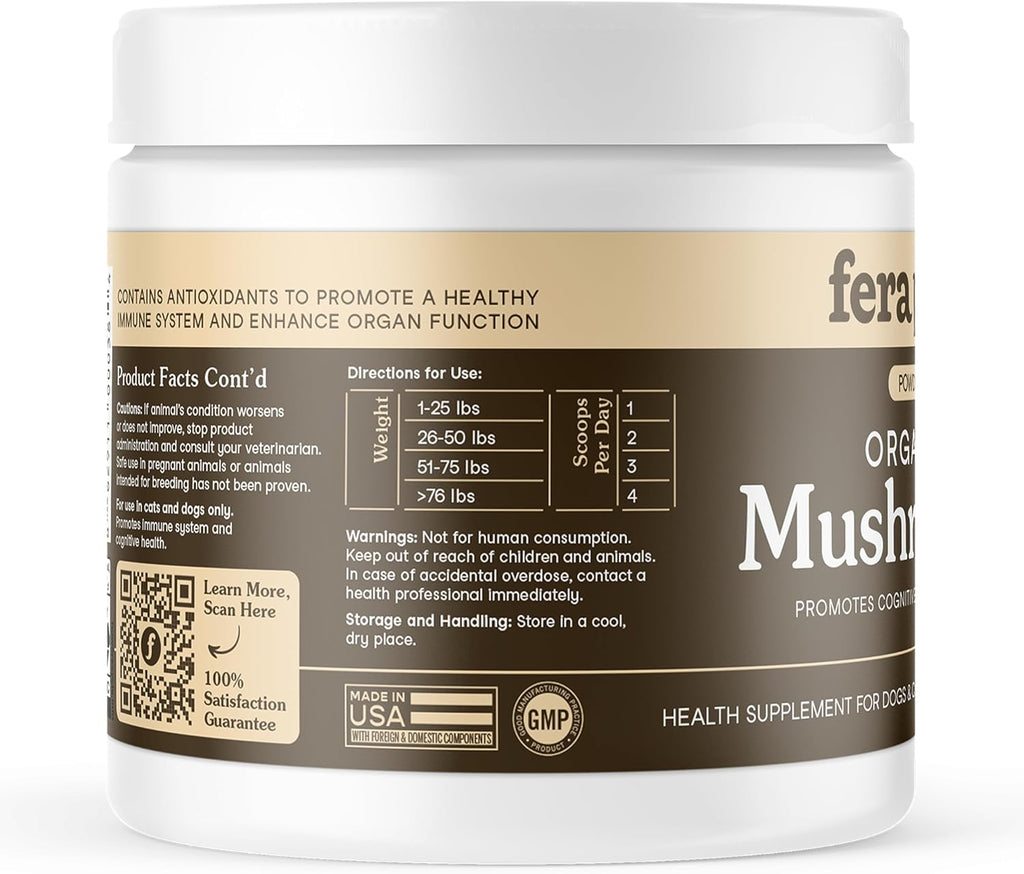 Fera Pets Suplemento de Hongos para Perros y Gatos con Cola de Pavo - USDA Orgánico - 120 Dosis