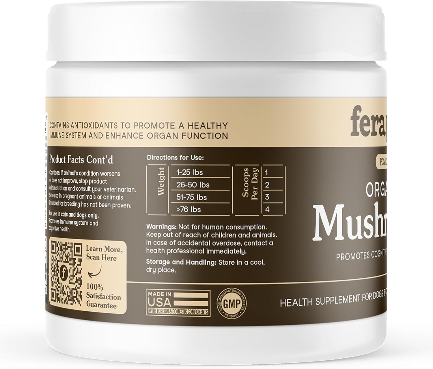 Fera Pets Suplemento de Hongos para Perros y Gatos con Cola de Pavo - USDA Orgánico - 120 Dosis