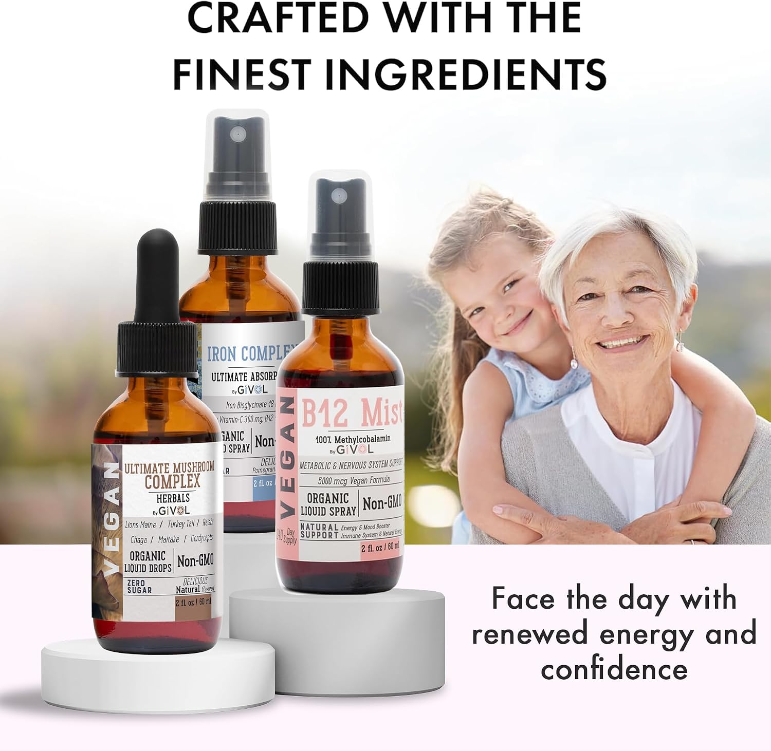 GIVOL Ultimate Vegan Essential Bundle Liquid Spray - Complejo de Hongos, Hierro Bisglicinato y Vitamina B12 Metilcobalamina, 60 ml (360 días)