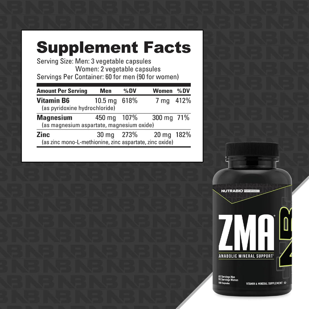NutraBio ZMA - 180 Capsules - Zinc, Magnesium and Vitamin B6