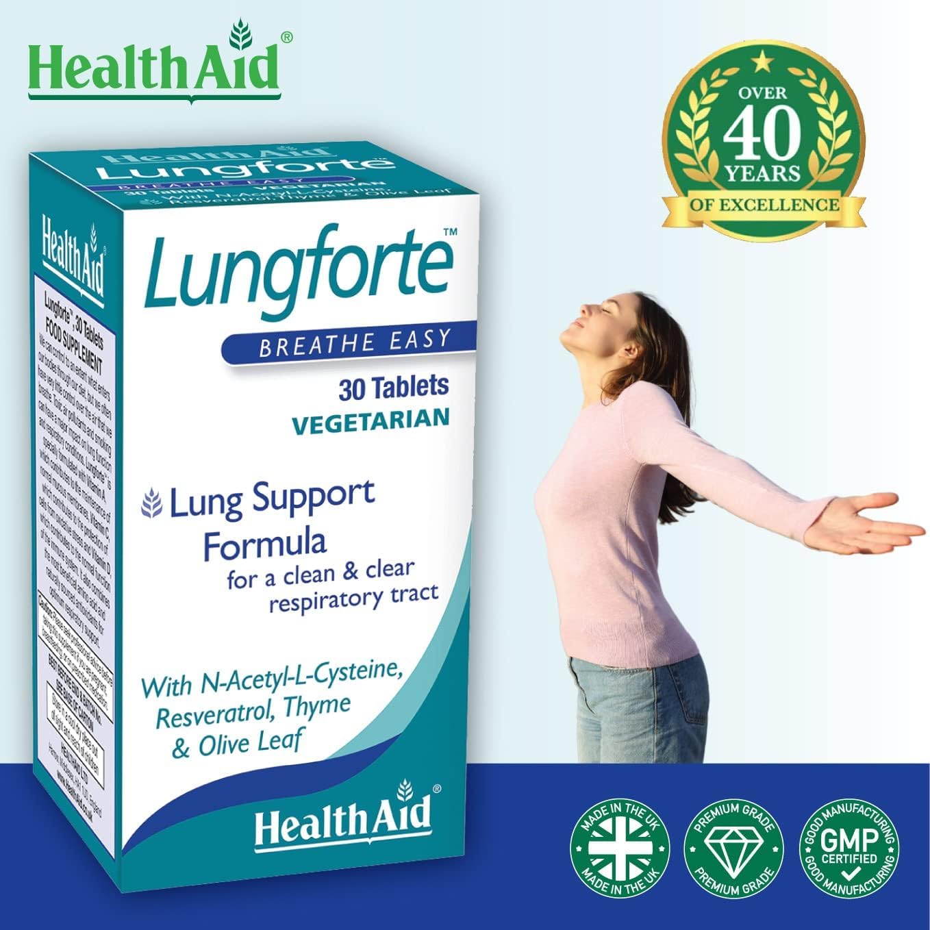 HealthAid LungForte 30 Comprimidos – Apoyo Pulmonar Antioxidante con NAC, Resveratrol, Aceite de Oliva, Tomillo y Vitaminas A, C y D3