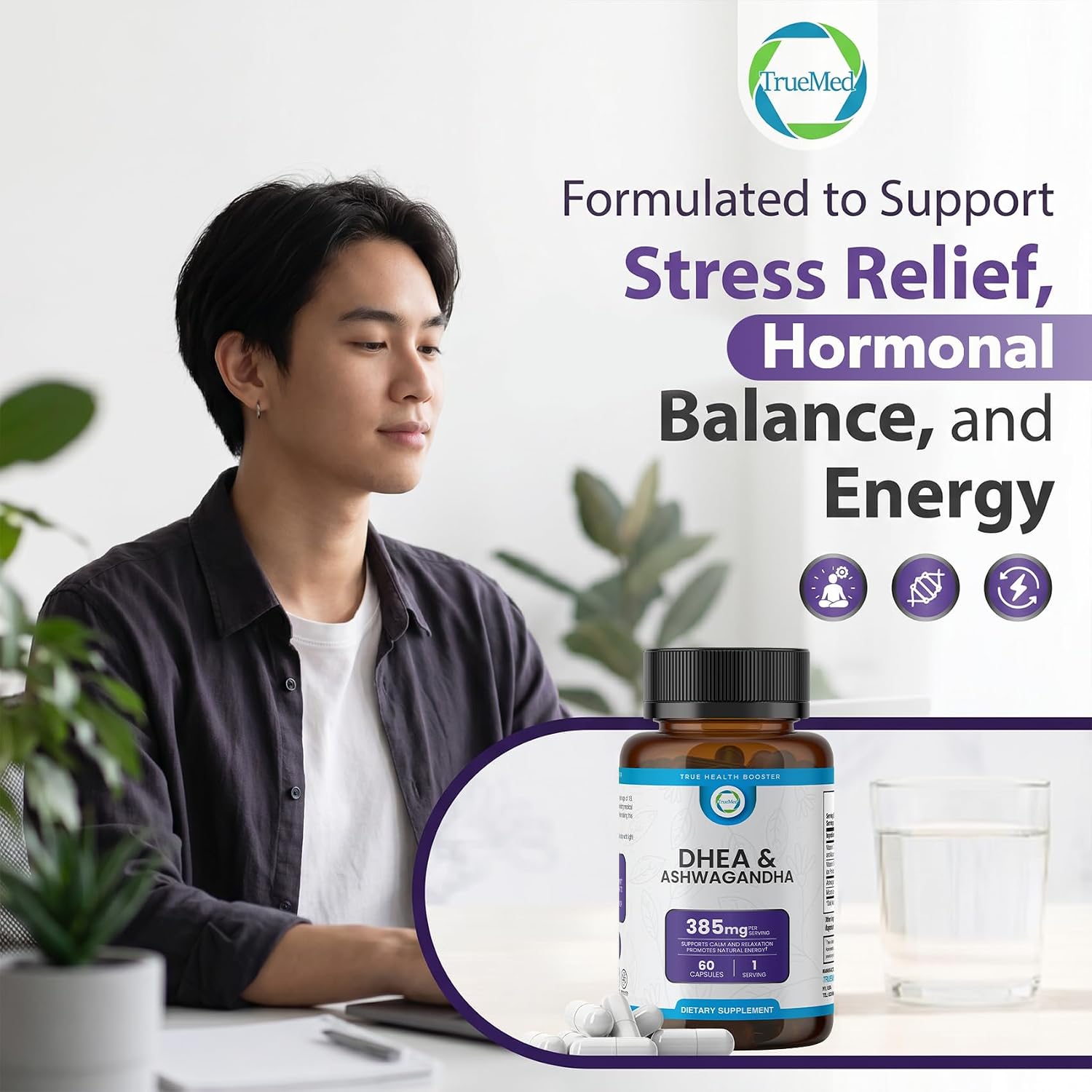 TRUEMED DHEA & Ashwagandha 385mg – Ashwagandha 250mg, DHEA 10mg, Vitamina C y B6 – Apoya la Relajación, Energía Natural y Estado de Ánimo Equilibrado – 60 Cápsulas Veganas