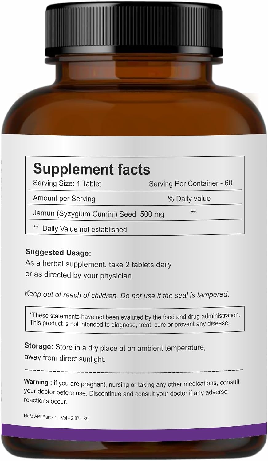 Herb Essential Comprimidos de Semilla de Jamun 500mg, 60 Comprimidos