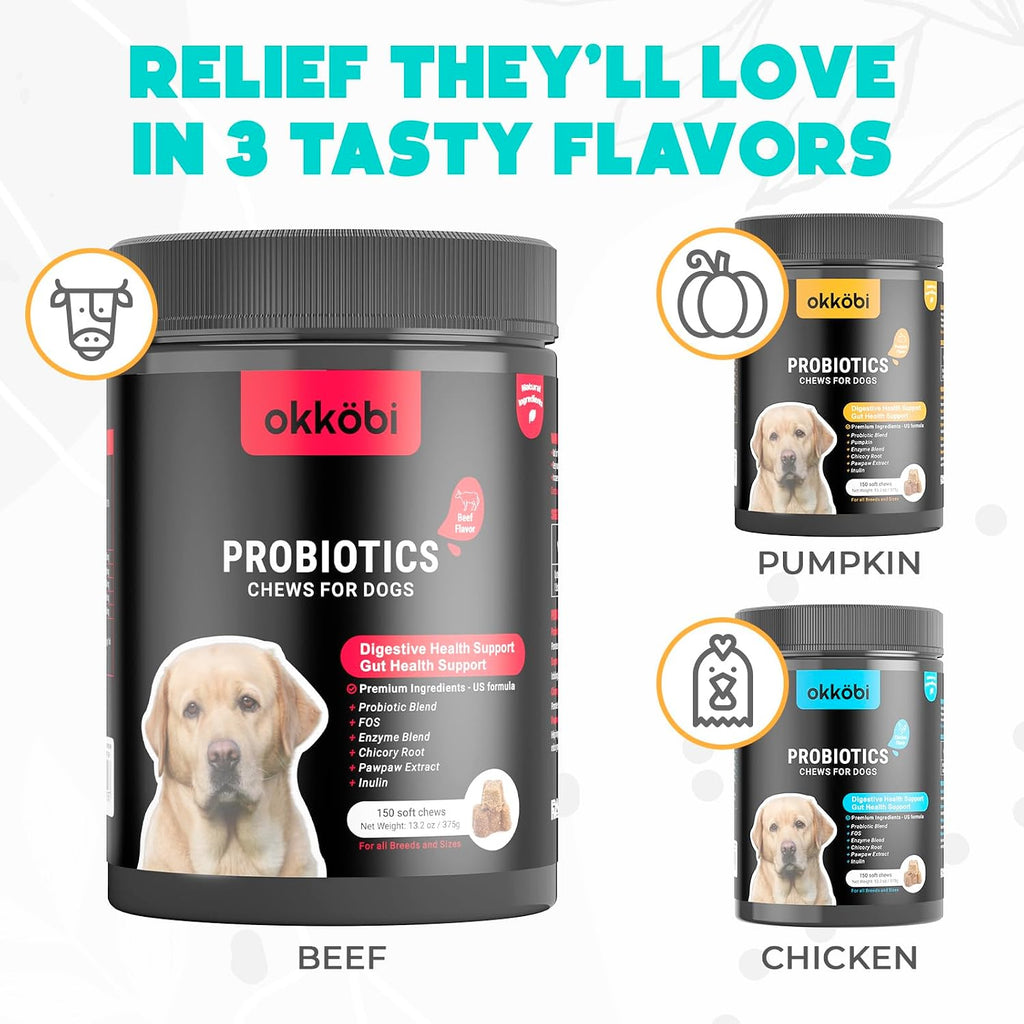 Probióticos para Perros Masticables 150 uds. - Apoyo Digestivo y Salud Intestinal - Fórmula Aprobada por Veterinarios - Sabor Ternera