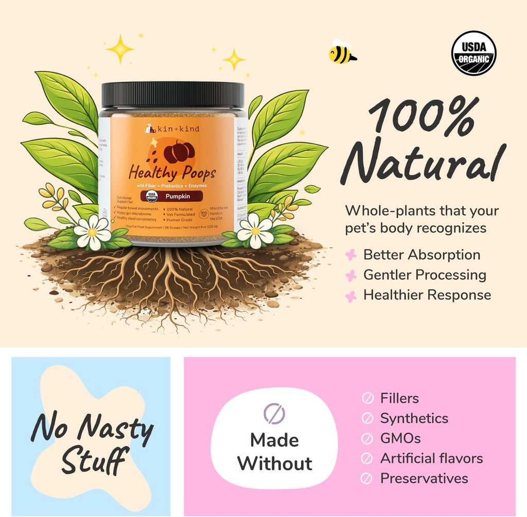 kin+kind Healthy Poops – Polvo de Calabaza Orgánico para Perros y Gatos – Prebiótico – Paquete de 3 (3 x 227 g)