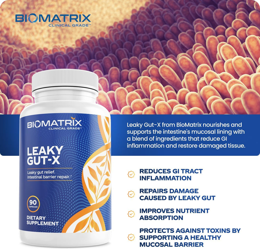BioMatrix Leaky Gut-X - Complemento para la Reparación Intestinal con Glutamina, Quercetina, Uña de Gato, MSM, 60 Días