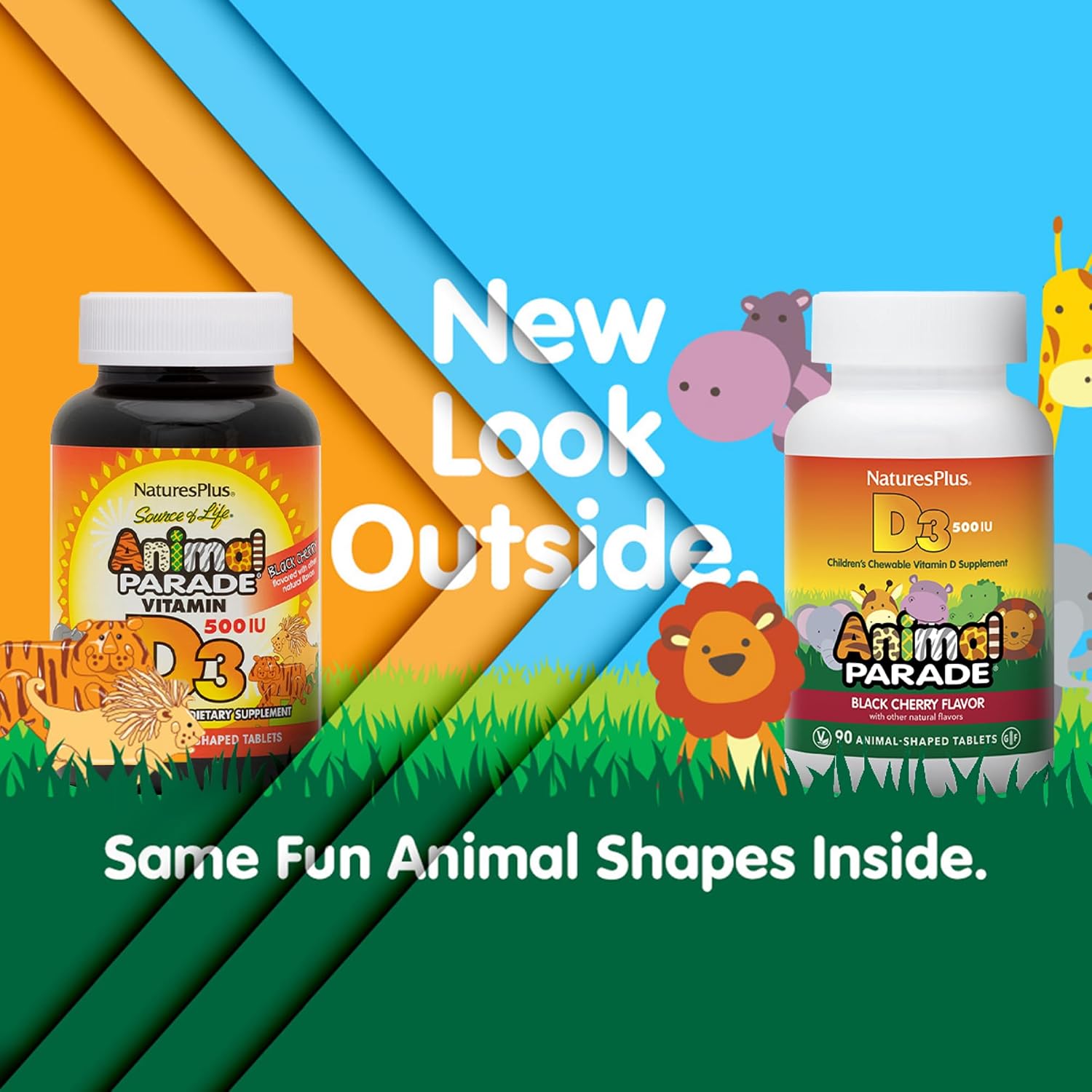 NaturesPlus Animal Parade Vitamina D3 para Niños - Comprimidos Masticables Sabor Cereza Negra - 90 Comprimidos (Pack de 2) - 180 Dosis Totales