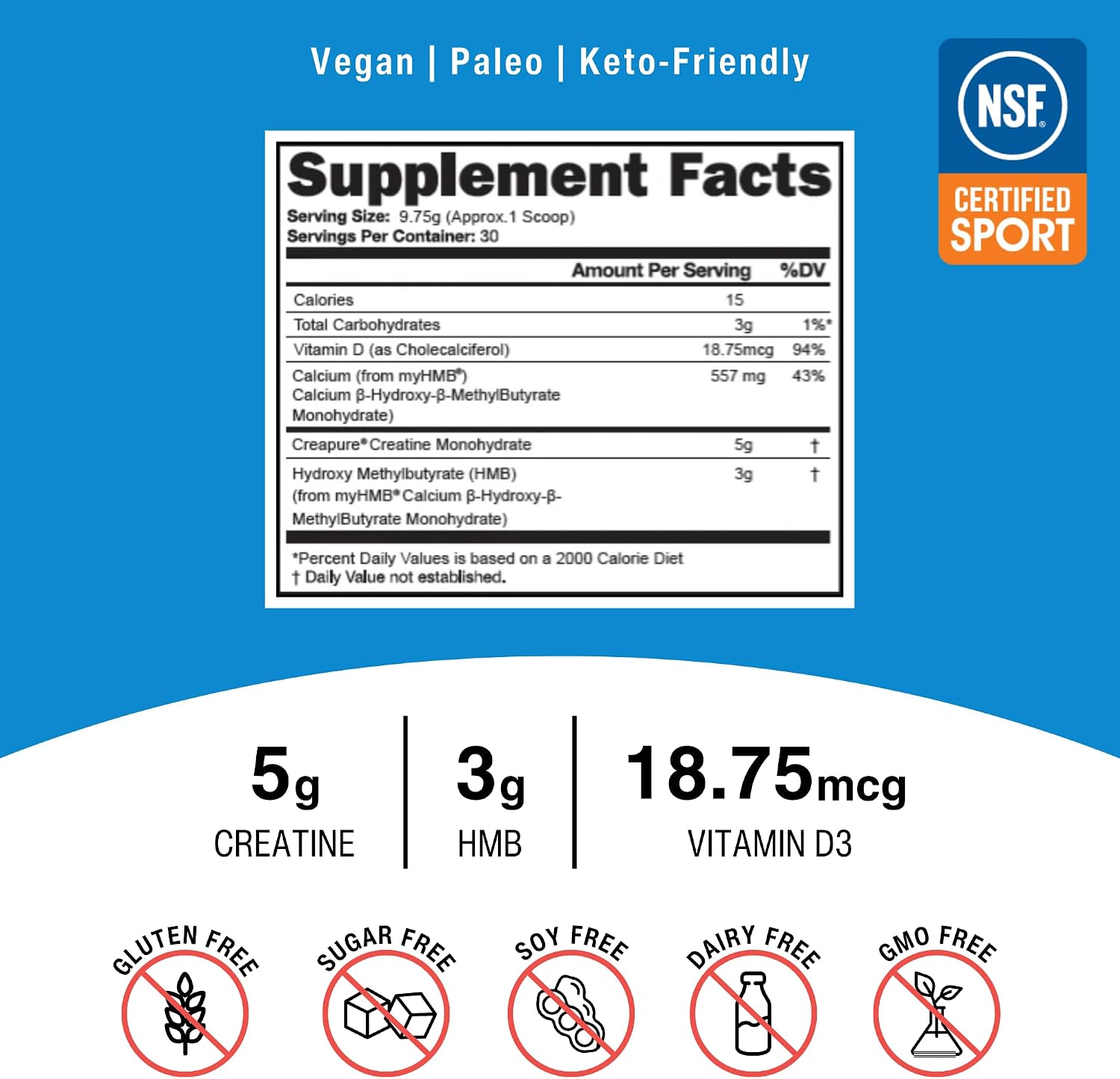 OptimalStack Creatine Monohydrate, HMB y Vitamina D3 - 30 Servicios
