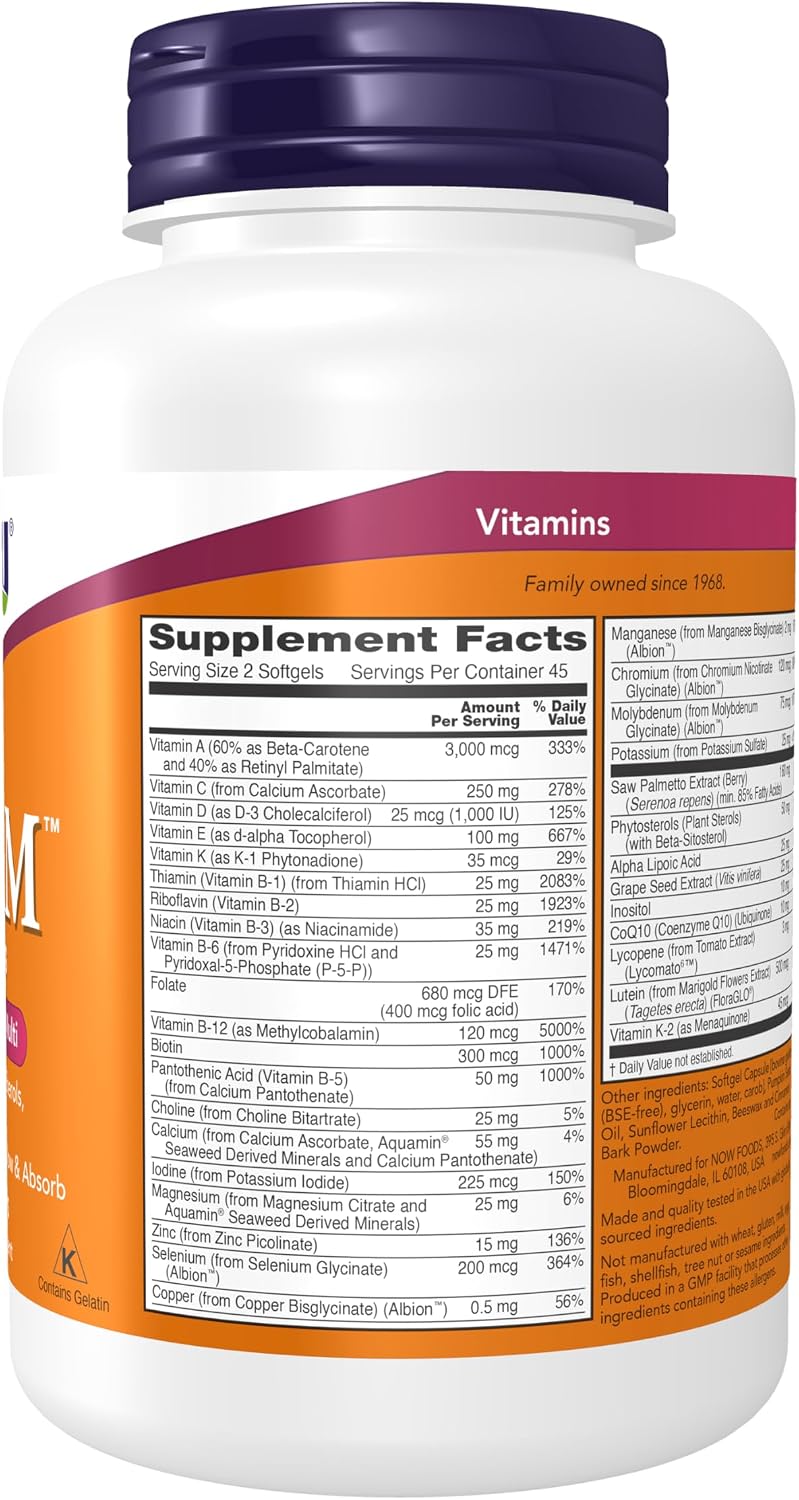 NOW Supplements, ADAM™ Multivitamínico para Hombres con Saw Palmetto, Esteroles Vegetales, Licopeno y CoQ10, 90 Cápsulas Blandas