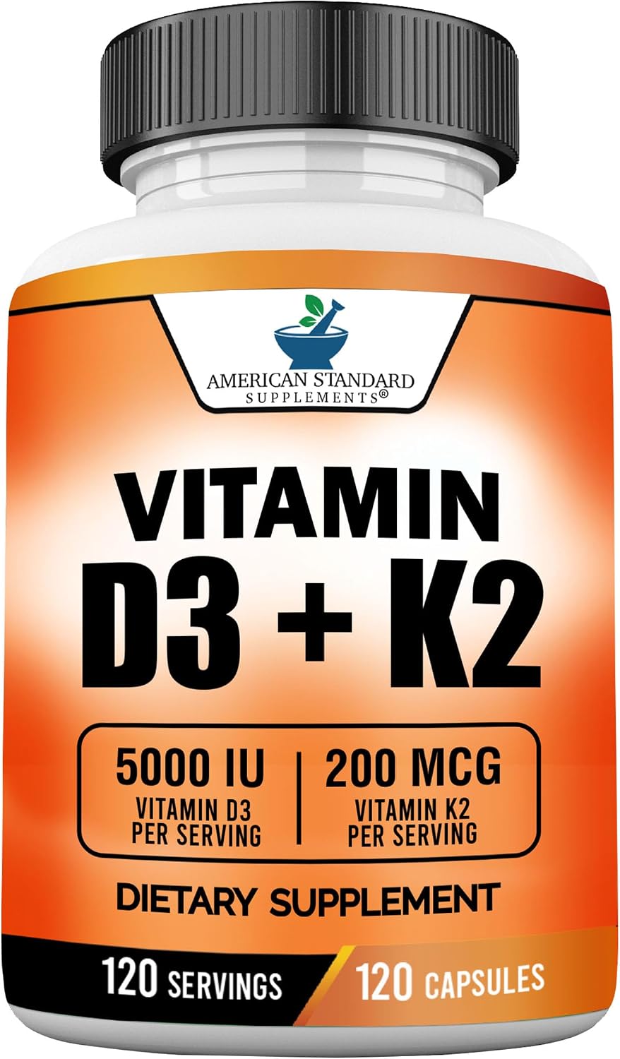 American Standard Supplements Vitamina D3 5000 IU + K2 (MK7) 200 mcg, 120 Cápsulas - Sin Gluten, No GMO, 120 Días