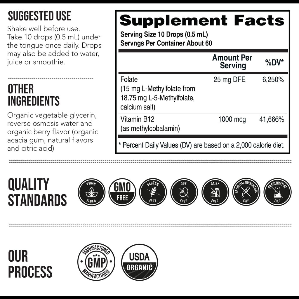 L-Methylfolate 15 mg plus Methyl B12 Cofactor - Líquido sublingual de alta potencia - Sabor a bayas orgánico