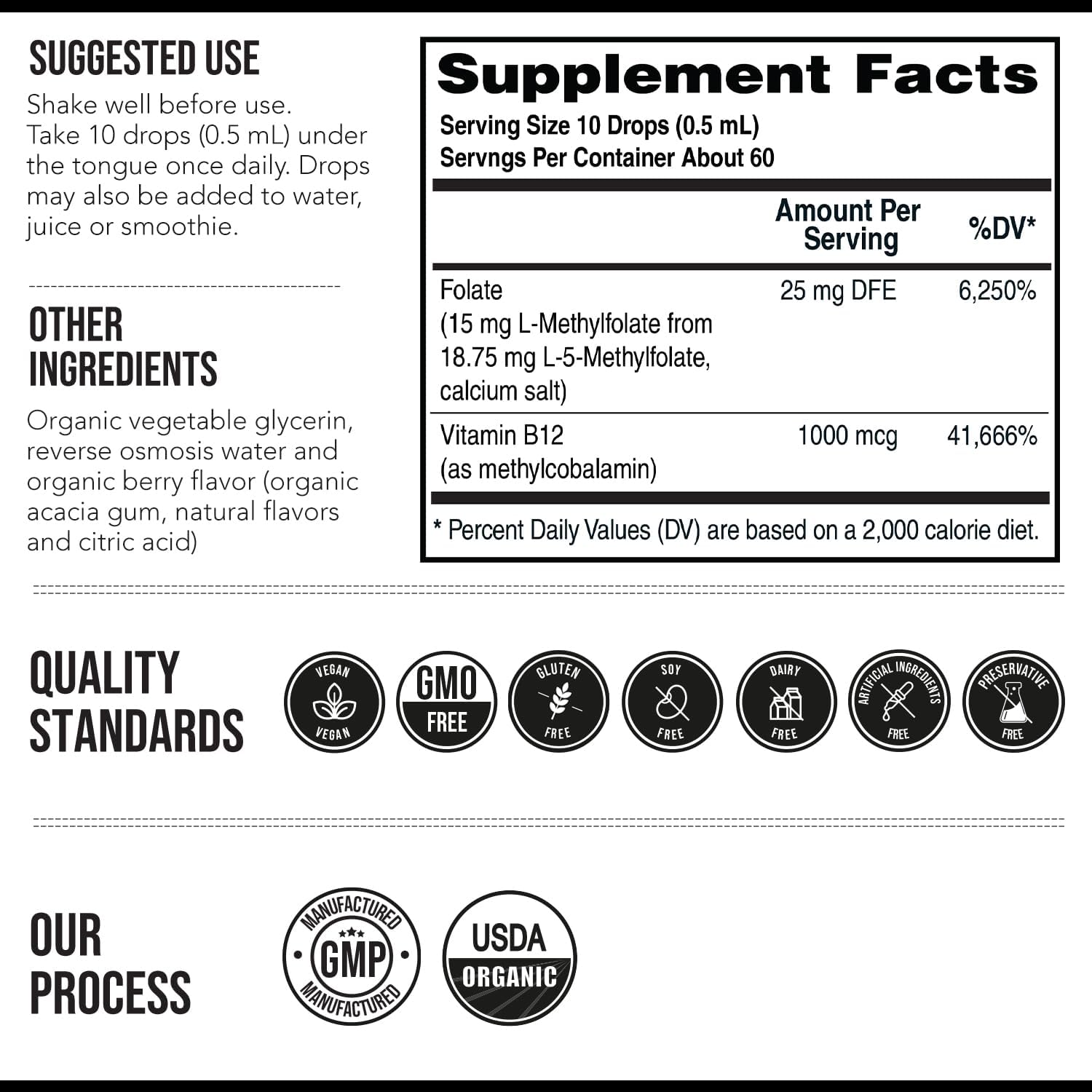 L-Methylfolate 15 mg plus Methyl B12 Cofactor - Líquido sublingual de alta potencia - Sabor a bayas orgánico