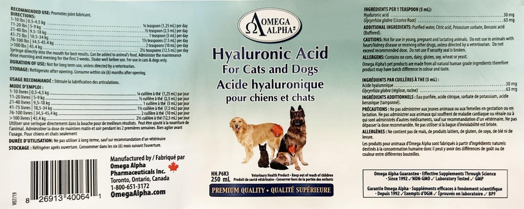 Omega Alpha HA-180 Ácido Hialurónico para Mascotas, 250ml