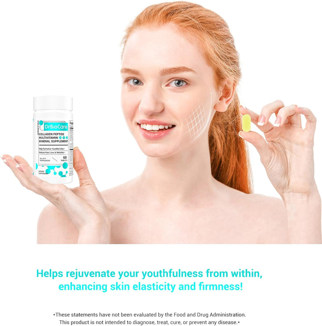 DrBioCare Péptidos de Colágeno para Mujeres - Suplemento de Belleza con Vitaminas y Minerales, 120 Comprimidos