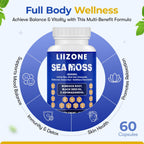 LIIZONE Cápsulas de Sea Moss Complejo con Ashwagandha, Turmeric y Vitamina C - Aceite de Semilla Negra para Apoyo Inmunitario, Articulaciones y Salud Digestiva - 60 Cápsulas
