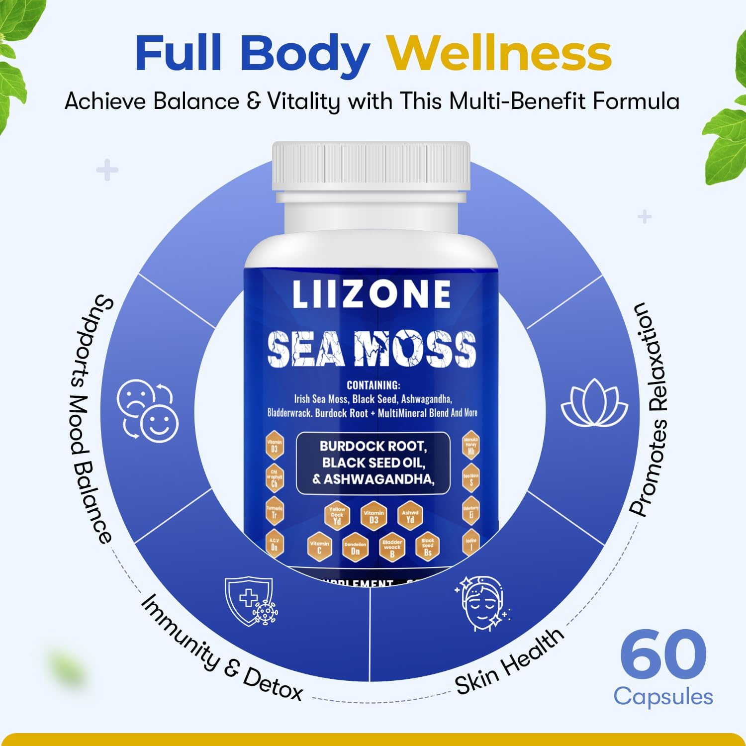 LIIZONE Cápsulas de Sea Moss Complejo con Ashwagandha, Turmeric y Vitamina C - Aceite de Semilla Negra para Apoyo Inmunitario, Articulaciones y Salud Digestiva - 60 Cápsulas