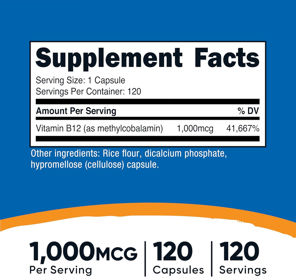 Nutricost Vitamina B12 (Metilcobalamina) 1000mcg, 120 Cápsulas - Vegetariano, Sin OGM y Sin Gluten