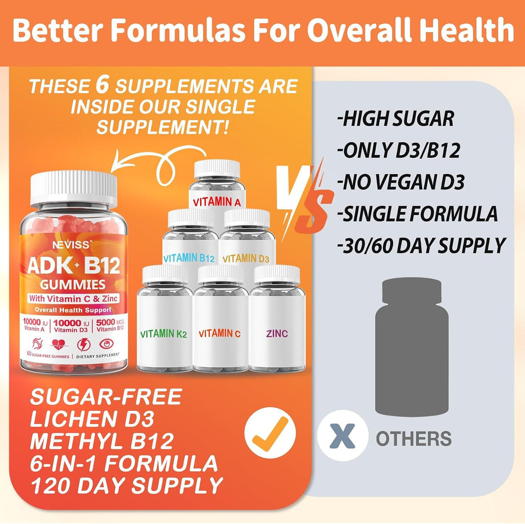 Gominolas ADK+Vitamina B12 Sin Azúcar - Vitamina D3 10000 UI, K2 MK-7 240 mcg, B12 5000 mcg, Multivitamínico Vegano para Adultos
