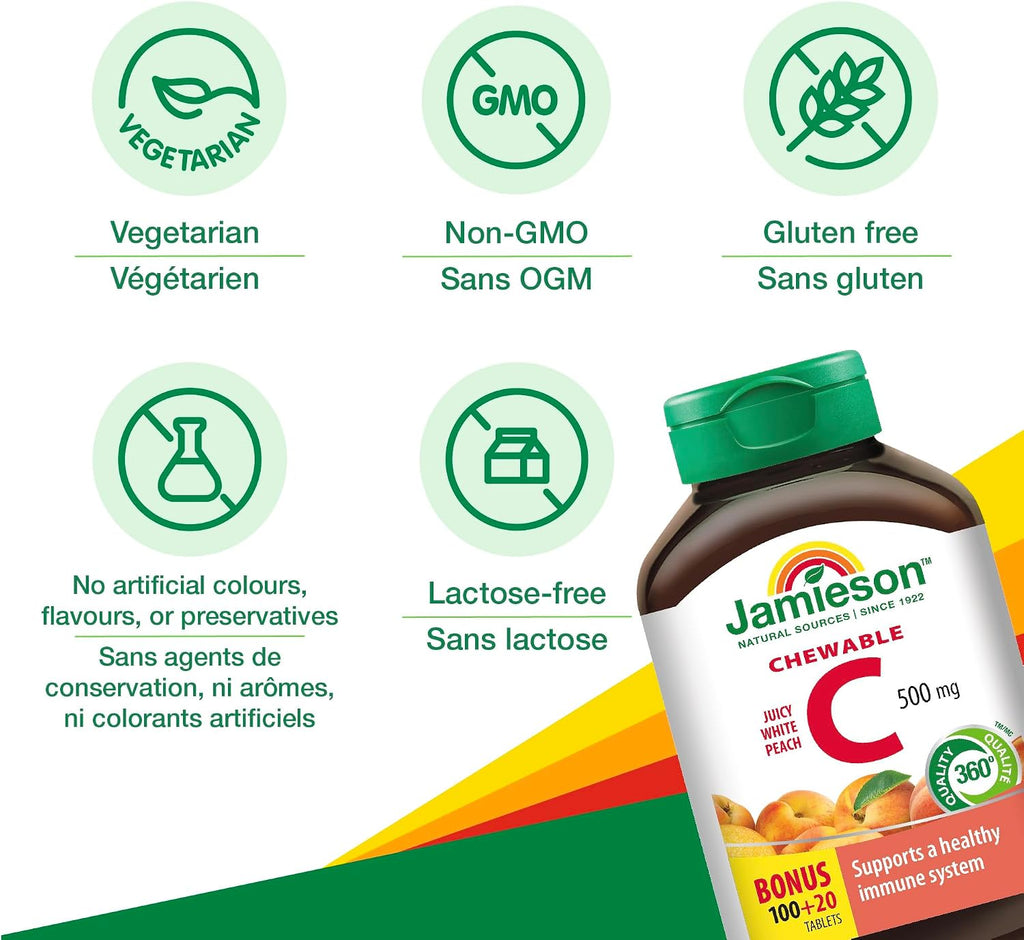 Jamieson Vitamina C Masticable 500 mg - Sabor Melocotón Blanco, 120 Comprimidos