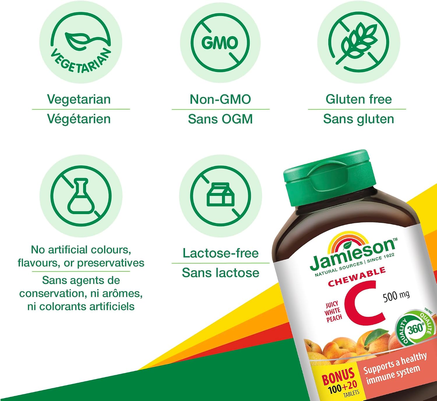 Jamieson Vitamina C Masticable 500 mg - Sabor Melocotón Blanco, 120 Comprimidos