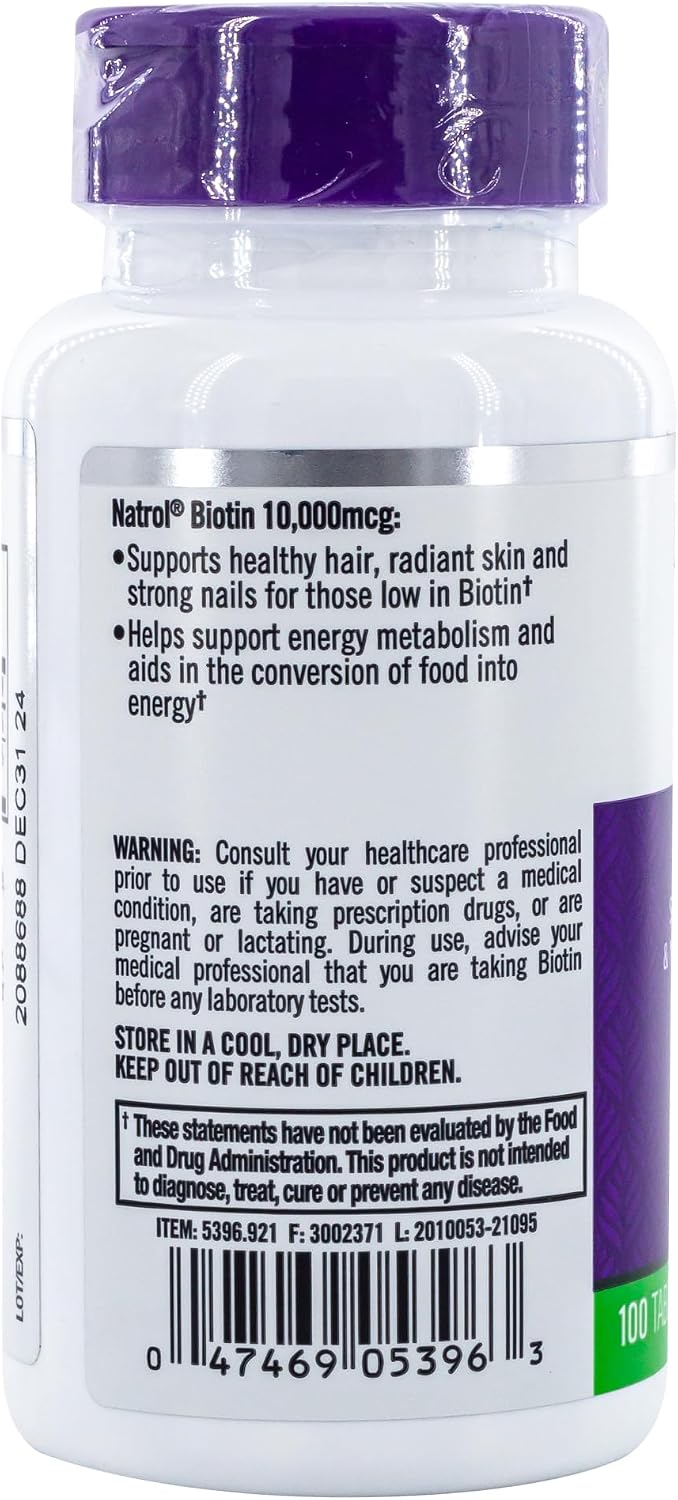 Natrol Biotina Máxima Potencia 10.000 mcg – 200 Tabletas (2 botellas de 100)