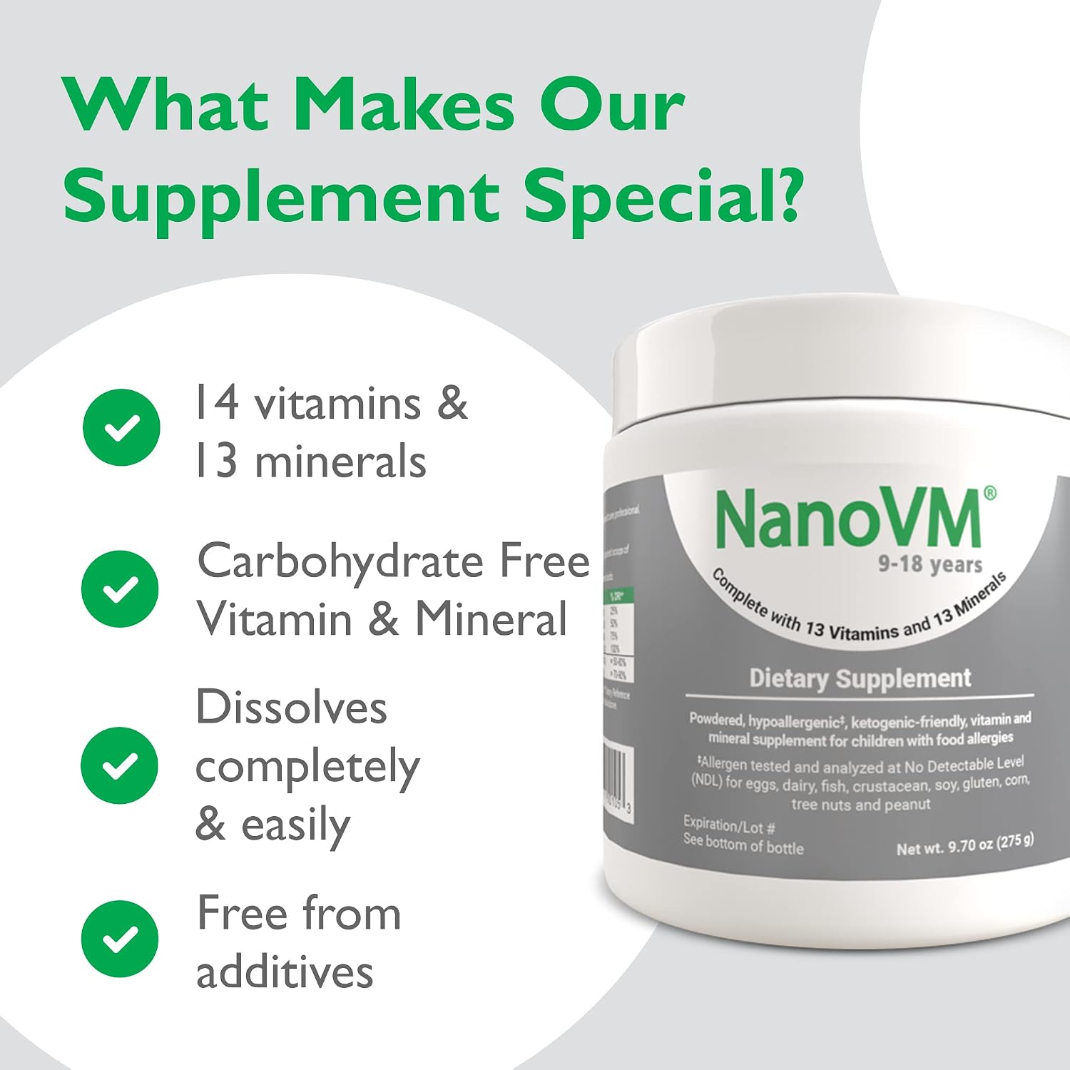 NanoVM Multivitamínico Infantil 9-18 Años Sin Alérgenos - 275g en Polvo