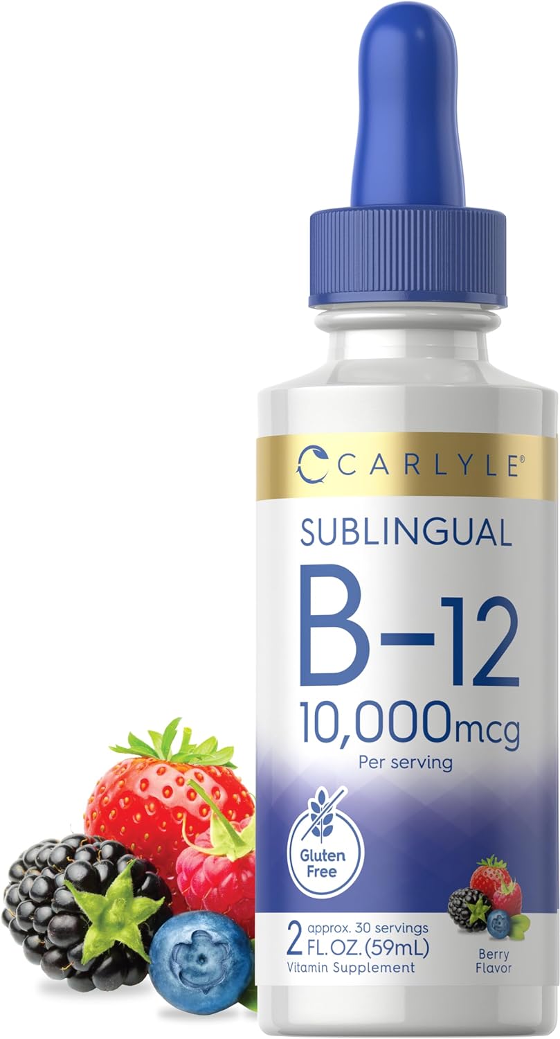 Carlyle Vitamina B12 Sublingual Líquida – 10.000 mcg – 60 ml – Cianocobalamina y Metilcobalamina – Sin Gluten y No-GMO