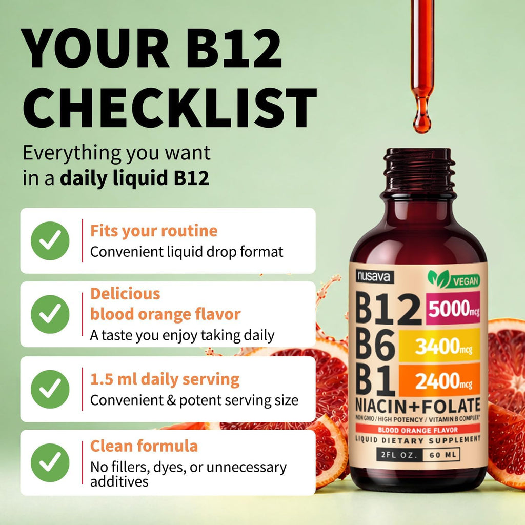 NUSAVA (2 Pack) Gotas Líquidas de Vitamina B12 5000mcg - Sublingual con B6 y Complejo B - Metilcobalamina para Mujeres y Hombres - Suplemento Vegano, Sin OGM, Sabor Naranja Carmesí (2 Fl Oz, 80 Servicios)