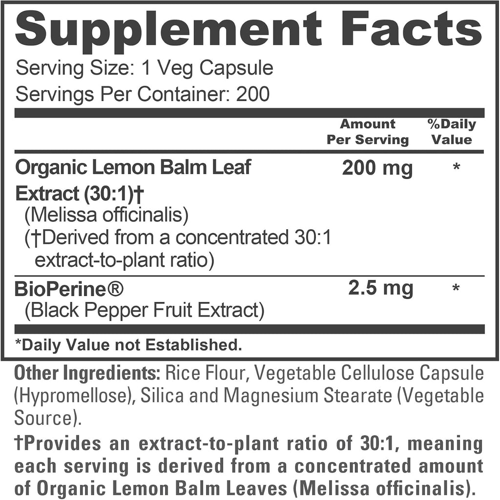 NusaPure Cápsulas de Melisa, 200 mg, 200 Cápsulas Veganas (No GMO, Vegano)