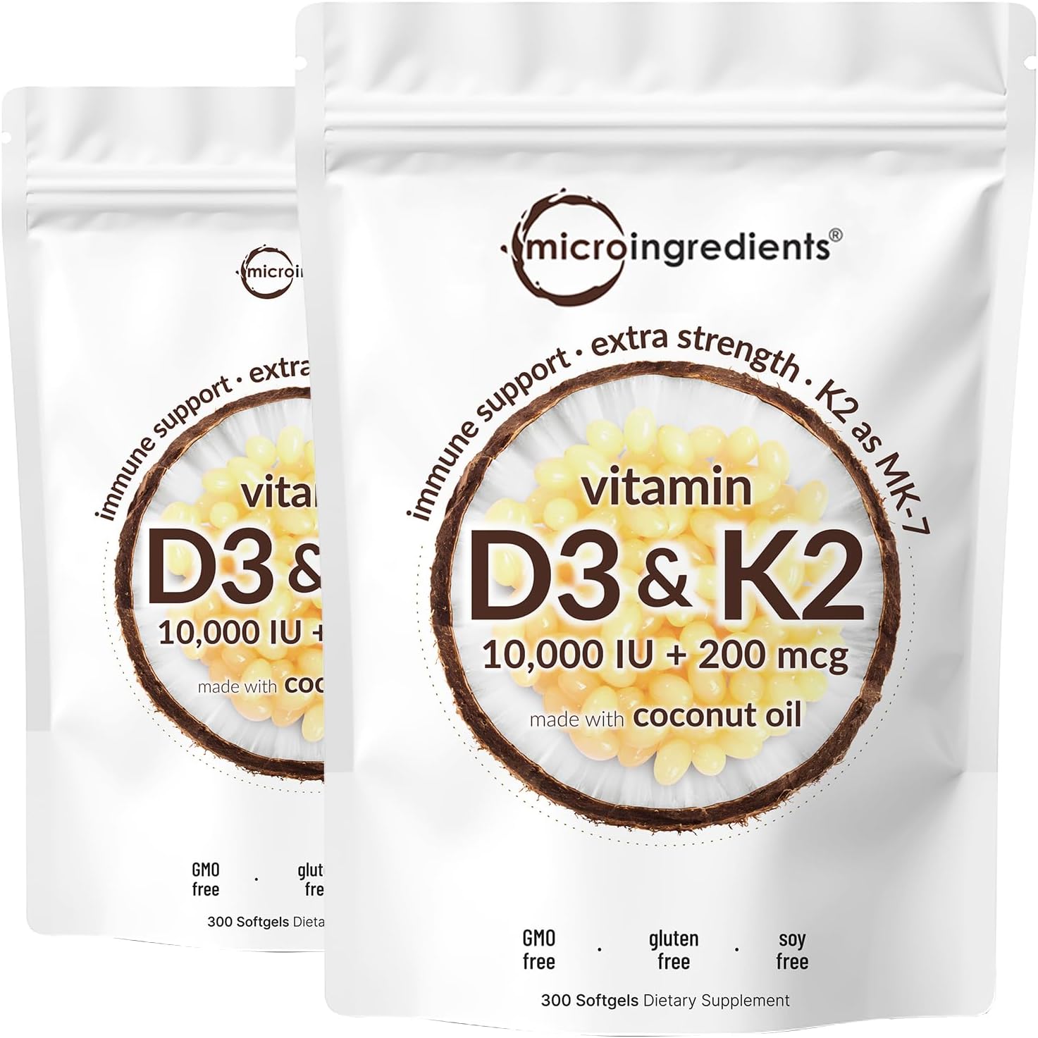Micro Ingredients Vitamina D3 10.000 UI + K2 MK-7 200 mcg, 180 Cápsulas Blandas con Aceite de Coco Virgen