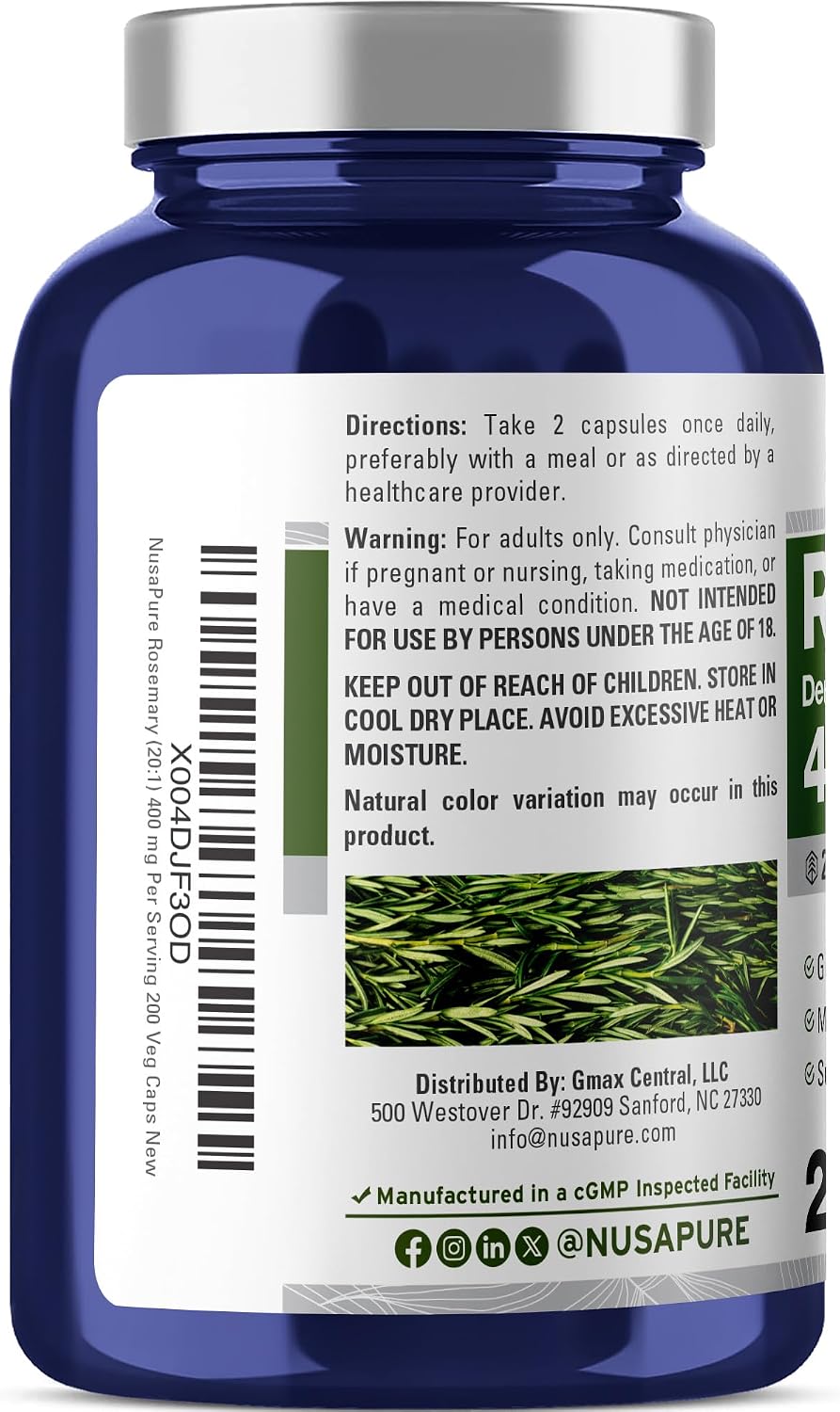NusaPure Cápsulas de Romero, 400 mg, 200 Cápsulas Vegetales (No Transgénico, Vegano)