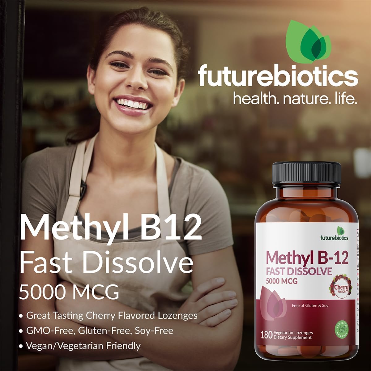 Futurebiotics Methyl B12 5000 mcg Metilcobalamina, Sabor Cereza, 60 Comprimidos Vegetarianos
