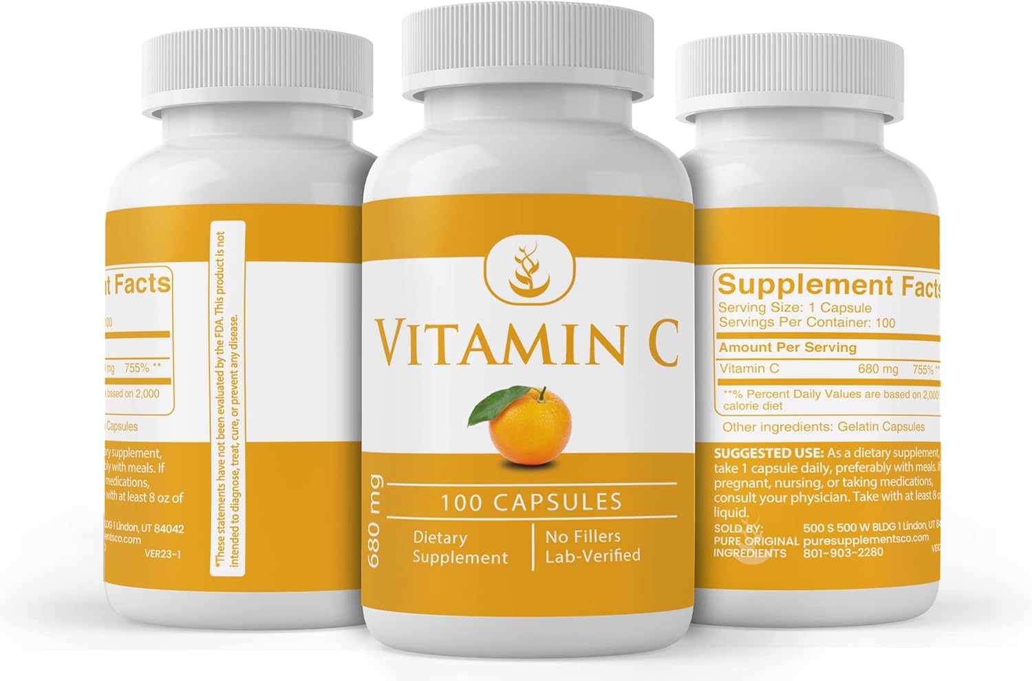 PURE ORIGINAL INGREDIENTS Vitamina C (Ácido Ascórbico) - 100 Cápsulas