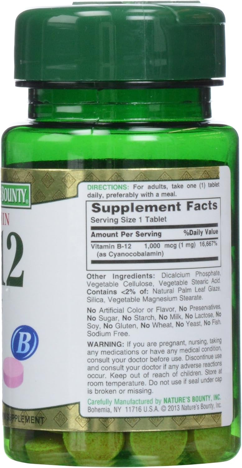Nature's Bounty Vitamina B-12 1000 mcg Comprimidos, 100 Unidades