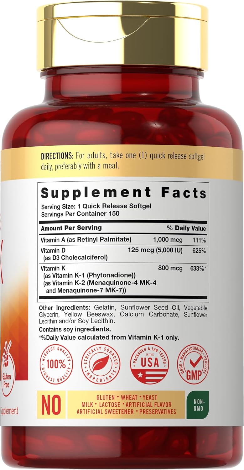 Carlyle Vitamin ADK Supplement | 150 Softgels | con Vitaminas A, D3 (5000 UI), K1, K2 (MK-4 y MK-7) | No GMO, Sin Gluten
