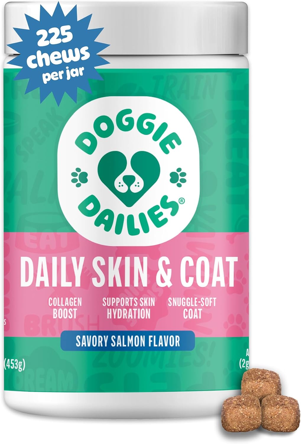 Doggie Dailies Suplemento para Piel y Pelaje con Aceite de Salmón, Colágeno, Omega 3, Aceite de Krill, Biotina y Aceite de Coco - 225 Chews Blandos