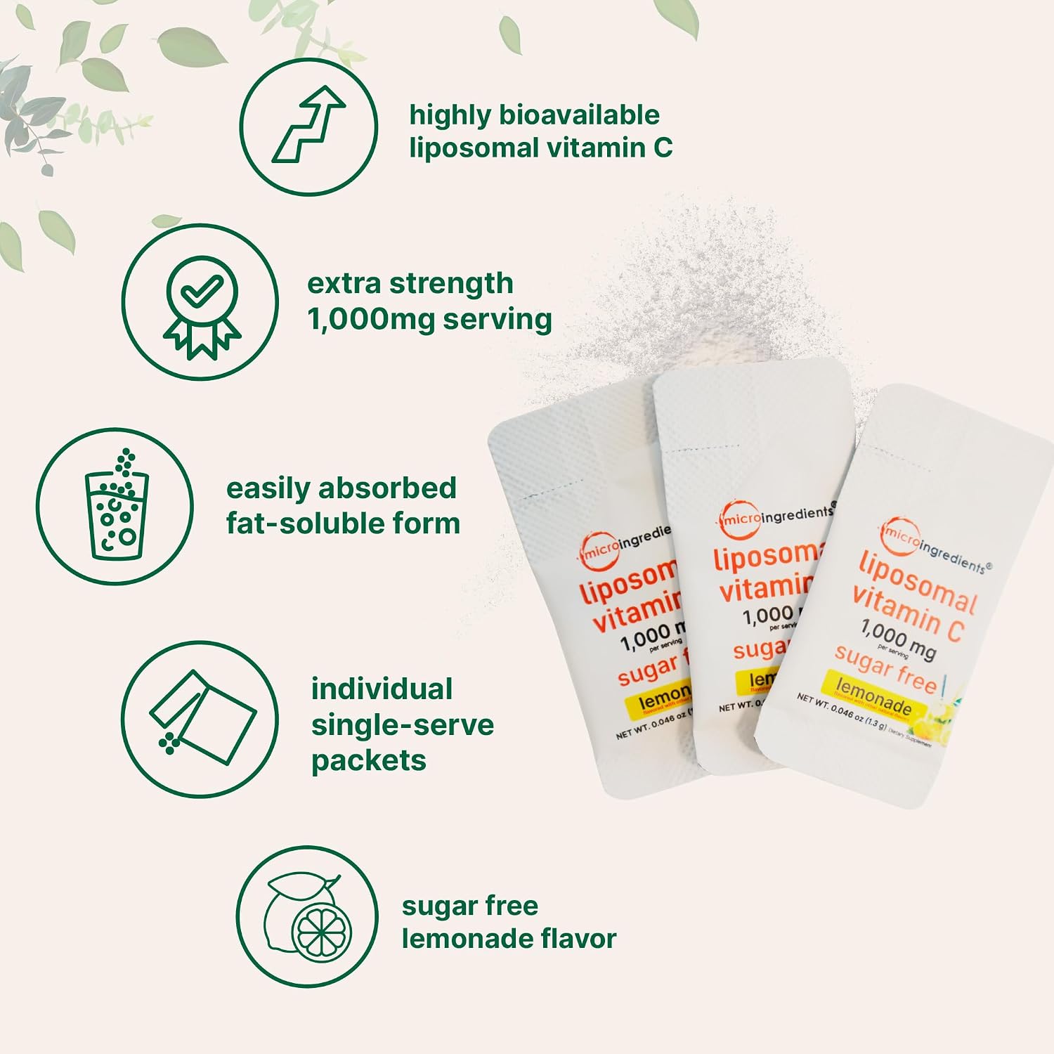 Micro Ingredients Vitamina C Liposomal 1000 mg - 40 Sobres de Polvo para Mezclar, Sabor Limonada, Sin Azúcar