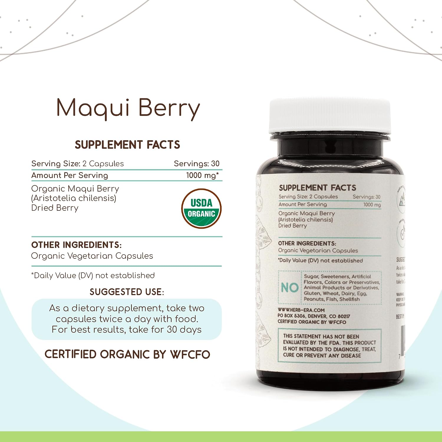 HerbEra Maqui Berry - 60 Cápsulas, 500 mg, USDA Orgánico